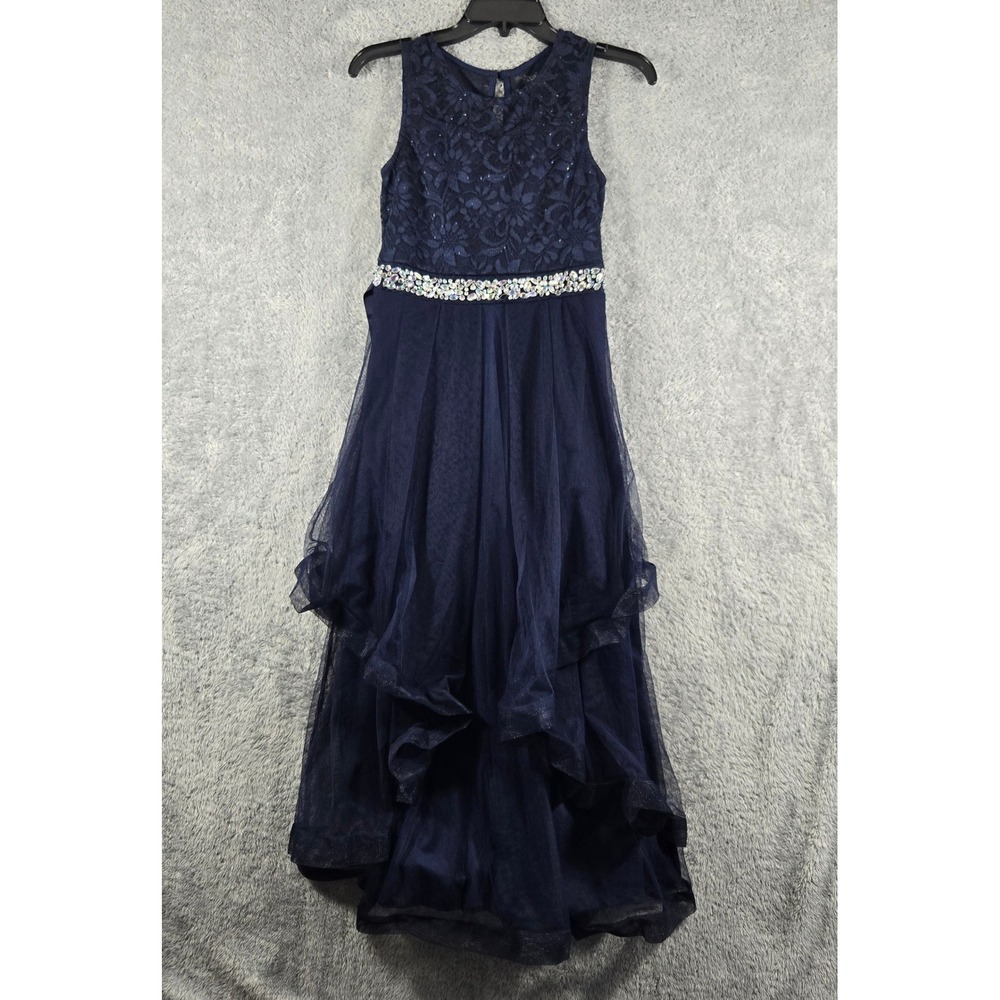 Xtraordinary Navy Blue Lace Tulle High Low Formal Dress Rhinestone Waist Size 16